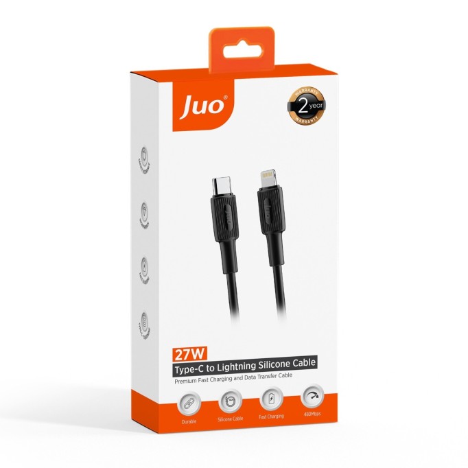 Juo 27W USB Type-C to Lightning iPhone iPad Silikon Hızlı Şarj ve Data Kablosu Siyah 1 Metre
