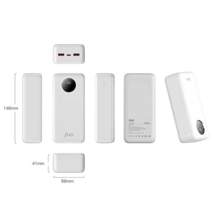 Juo 30000 mAh 22.5W Dijital Led Ekranlı Taşınabilir Hızlı Şarj Cihazı Powerbank Beyaz