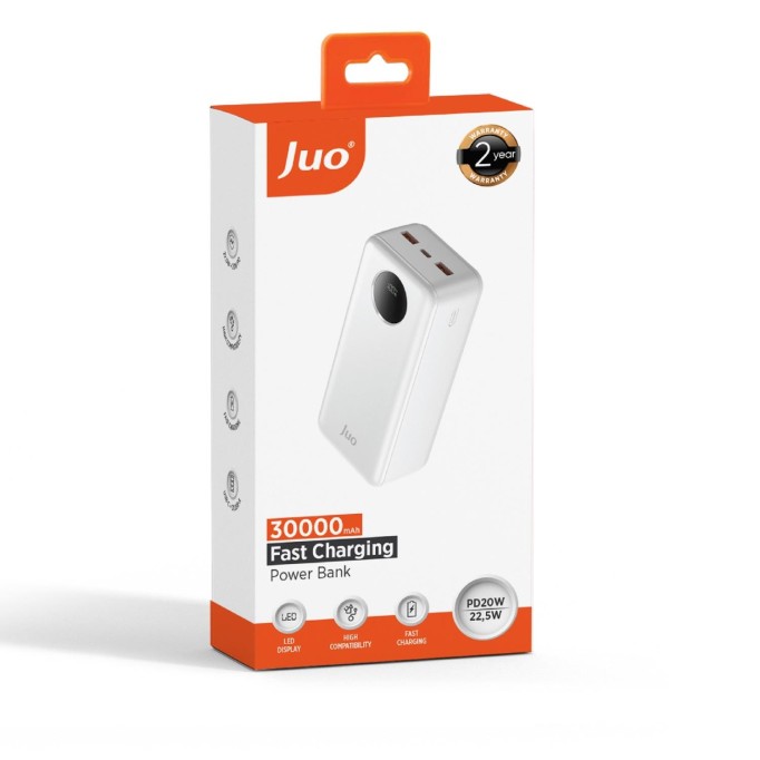 Juo 30000 mAh 22.5W Dijital Led Ekranlı Taşınabilir Hızlı Şarj Cihazı Powerbank Beyaz