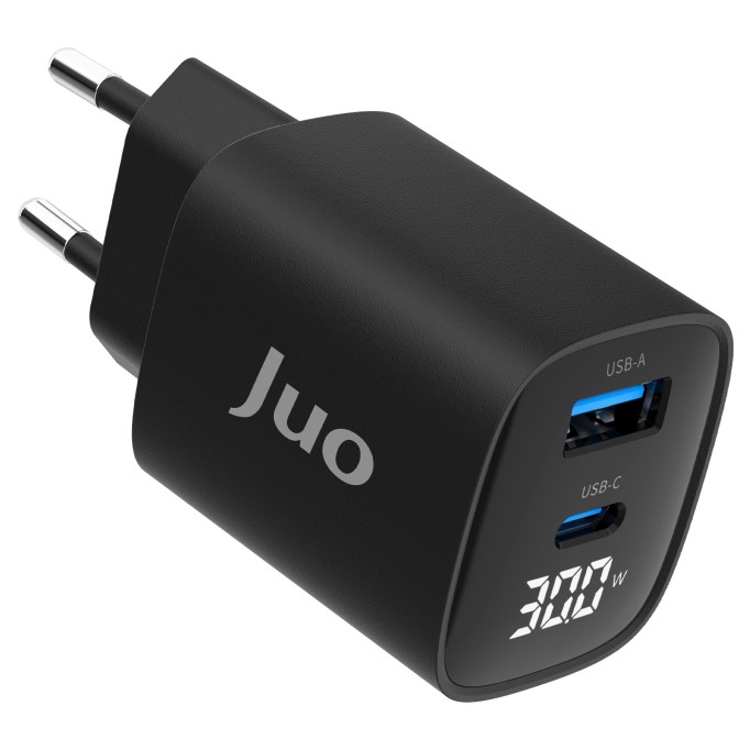 Juo 30W GaN Led Ekranlı Type-C + USB-A Hızlı Şarj Cihazı Android & iPhone Uyumlu Şarj Aleti