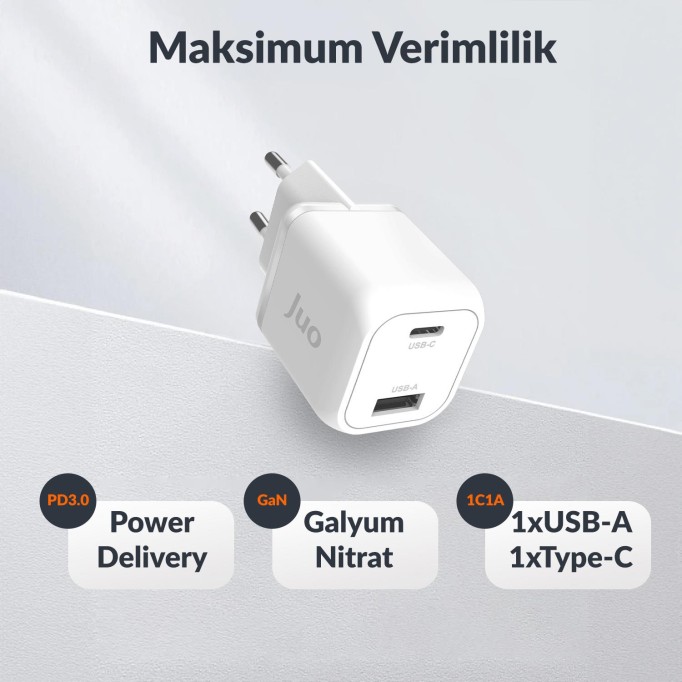 Juo 35W GaN USB-C + USB-A Şarj Aleti iPhone & iPad & Samsung PPS Uyumlu PD QC4.0 Type-C Hızlı Şarj Cihazı Beyaz