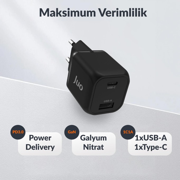 Juo 35W GaN USB-C + USB-A Şarj Aleti iPhone & iPad & Samsung PPS Uyumlu PD QC4.0 Type-C Hızlı Şarj Cihazı Siyah