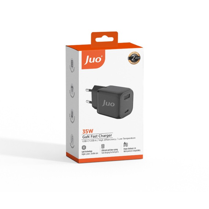 Juo 35W GaN USB-C + USB-A Şarj Aleti iPhone & iPad & Samsung PPS Uyumlu PD QC4.0 Type-C Hızlı Şarj Cihazı Siyah
