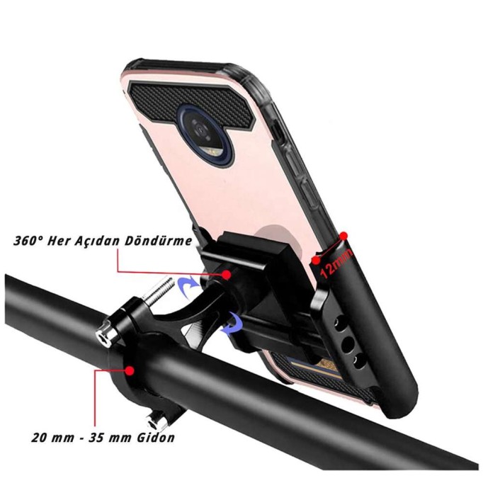 Juo 360° Dönebilen Alüminyum Bisiklet Motosiklet Gidon Bağlantılı Telefon Tutucu Siyah