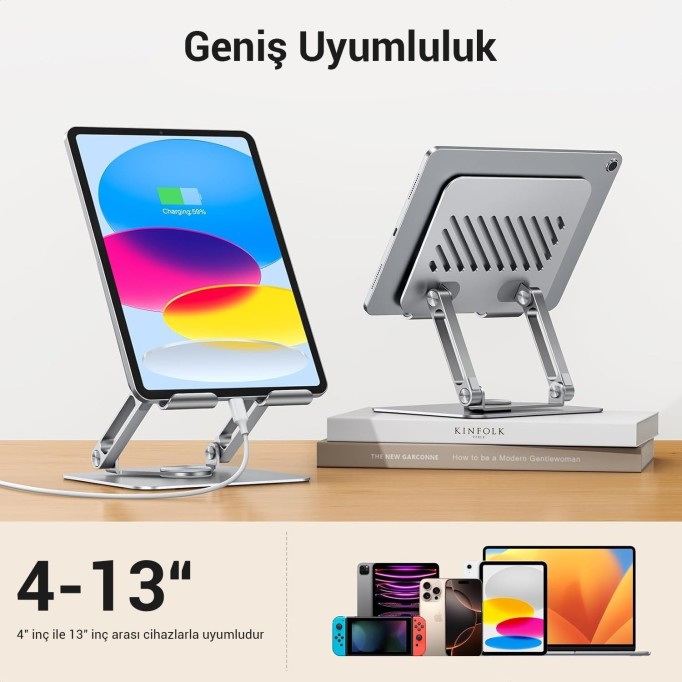 Juo 360° Dönebilen Alüminyum Tablet Standı Yükseklik ve Eğim Ayarlı Metal Tablet Tutucu