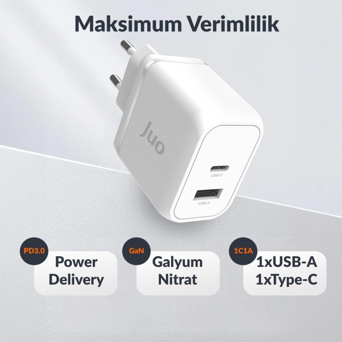 Juo 45W GaN USB-C + USB-A Şarj Aleti iPhone & iPad & Macbook & Samsung Uyumlu PD Type-C Hızlı Şarj Cihazı Beyaz