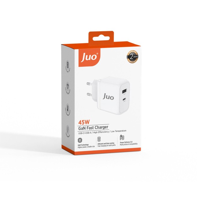 Juo 45W GaN USB-C + USB-A Şarj Aleti iPhone & iPad & Macbook & Samsung Uyumlu PD Type-C Hızlı Şarj Cihazı Beyaz