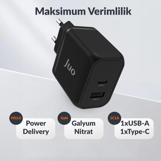Juo 45W GaN USB-C + USB-A Şarj Aleti iPhone & iPad & Macbook & Samsung Uyumlu PD Type-C Hızlı Şarj Cihazı Siyah