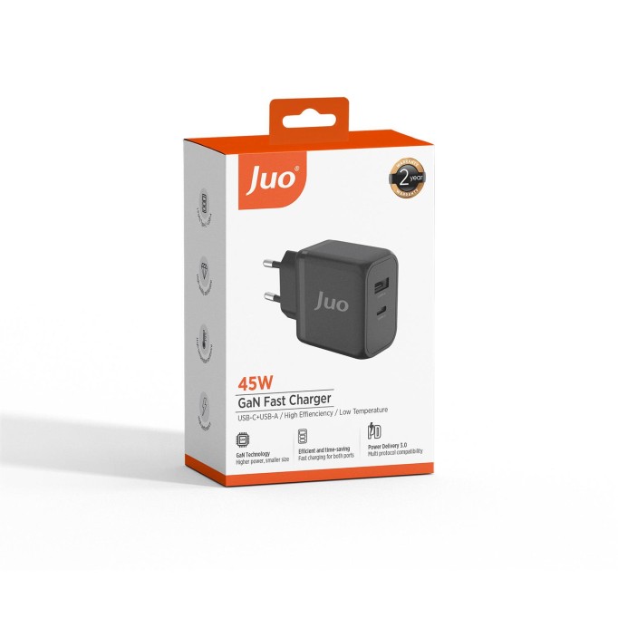 Juo 45W GaN USB-C + USB-A Şarj Aleti iPhone & iPad & Macbook & Samsung Uyumlu PD Type-C Hızlı Şarj Cihazı Siyah