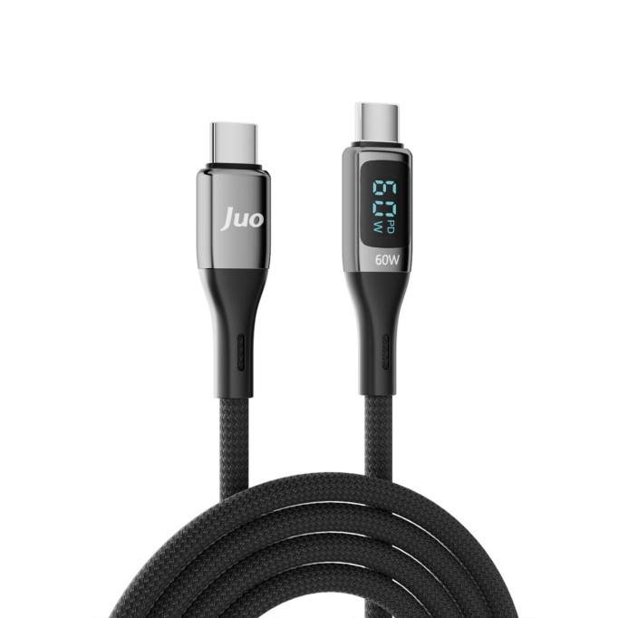 Juo 60W Dijital Led Ekranlı Örgülü USB Type-C to Type-C Hızlı Şarj ve Data Kablosu 1 Metre