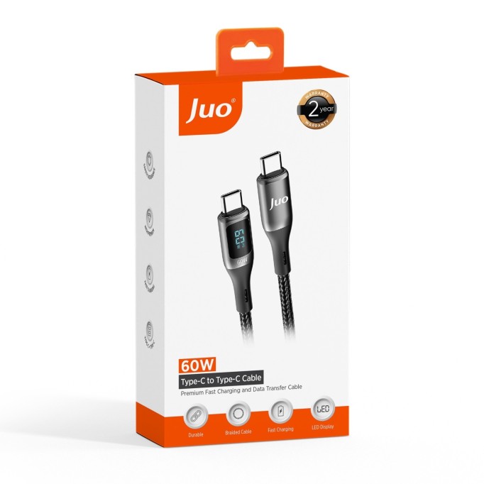 Juo 60W Dijital Led Ekranlı Örgülü USB Type-C to Type-C Hızlı Şarj ve Data Kablosu 1 Metre