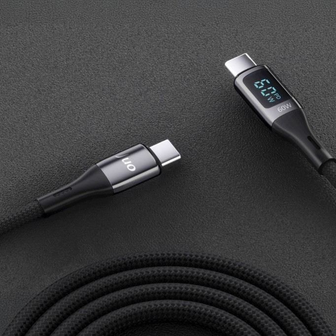 Juo 60W Dijital Led Ekranlı Örgülü USB Type-C to Type-C Hızlı Şarj ve Data Kablosu 2 Metre