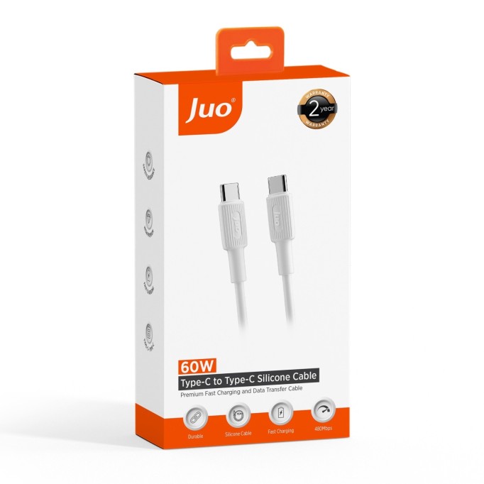 Juo 60W USB Type-C to Type-C Silikon Hızlı Şarj ve Data Kablosu Beyaz 2 Metre