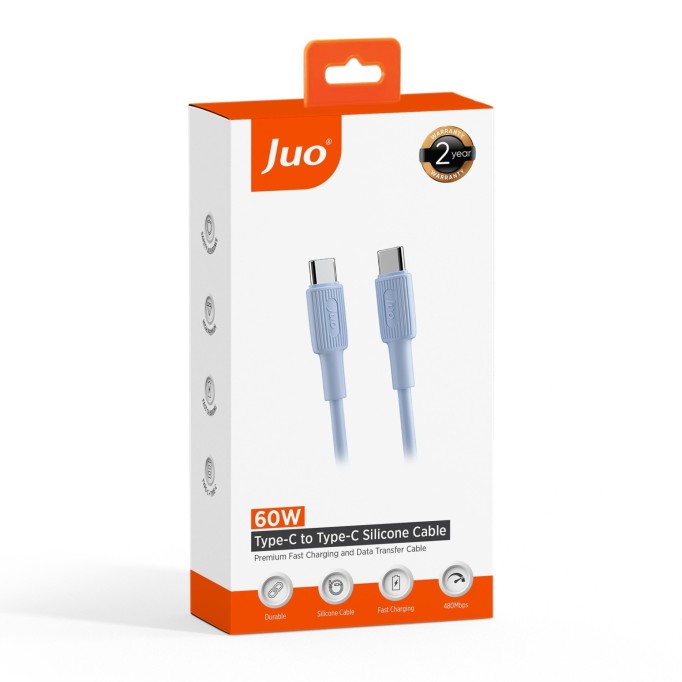 Juo 60W USB Type-C to Type-C Silikon Hızlı Şarj ve Data Kablosu Mavi 1 Metre