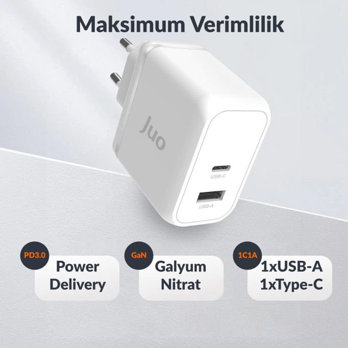 Juo 65W GaN USB-C + USB-A Şarj Aleti iPhone & iPad & Macbook & Notebook Uyumlu PD Type-C Hızlı Şarj Cihazı Beyaz