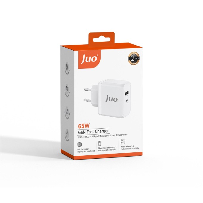 Juo 65W GaN USB-C + USB-A Şarj Aleti iPhone & iPad & Macbook & Notebook Uyumlu PD Type-C Hızlı Şarj Cihazı Beyaz