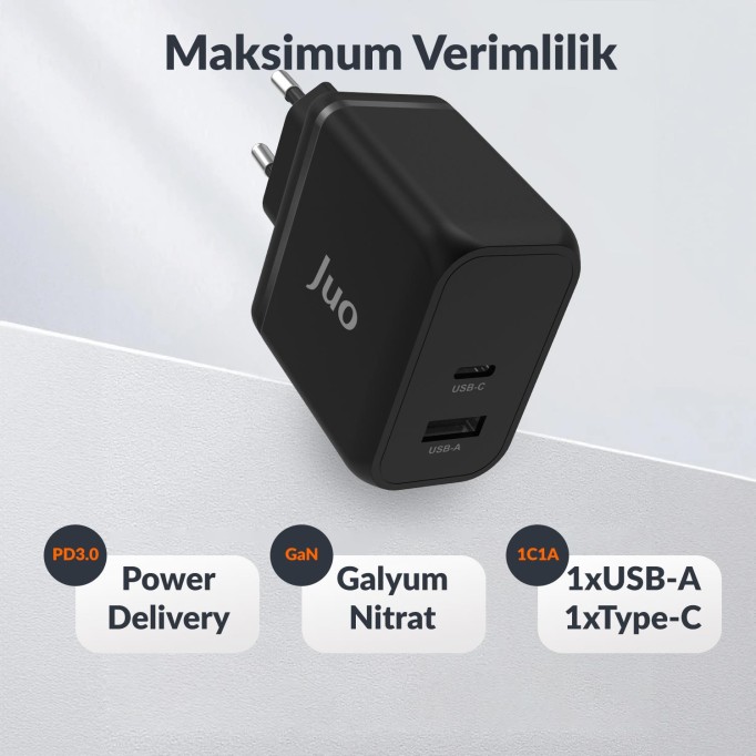 Juo 65W GaN USB-C + USB-A Şarj Aleti iPhone & iPad & Macbook & Notebook Uyumlu PD Type-C Hızlı Şarj Cihazı Siyah