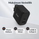 Juo 65W GaN USB-C + USB-A Şarj Aleti iPhone & iPad & Macbook & Notebook Uyumlu PD Type-C Hızlı Şarj Cihazı Siyah