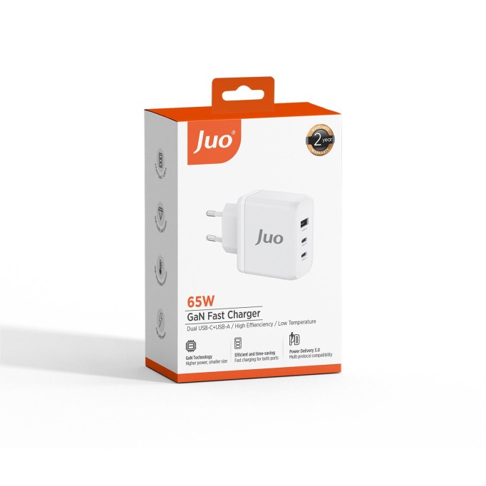 Juo 65W USB-C + USB-A 3 Portlu GaN Şarj Aleti iPhone & Macbook & Notebook Uyumlu PD Type-C Hızlı Şarj Cihazı Beyaz