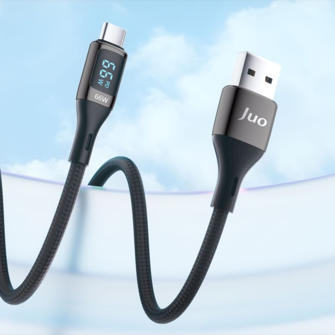 Juo 66W Dijital Led Ekranlı Örgülü USB-A to USB Type-C Hızlı Şarj ve Data Kablosu 1 Metre