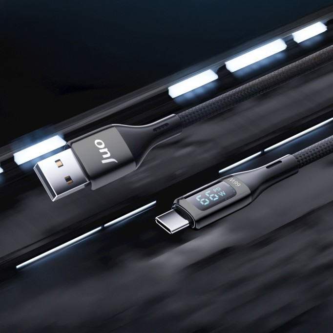 Juo 66W Dijital Led Ekranlı Örgülü USB-A to USB Type-C Hızlı Şarj ve Data Kablosu 1 Metre