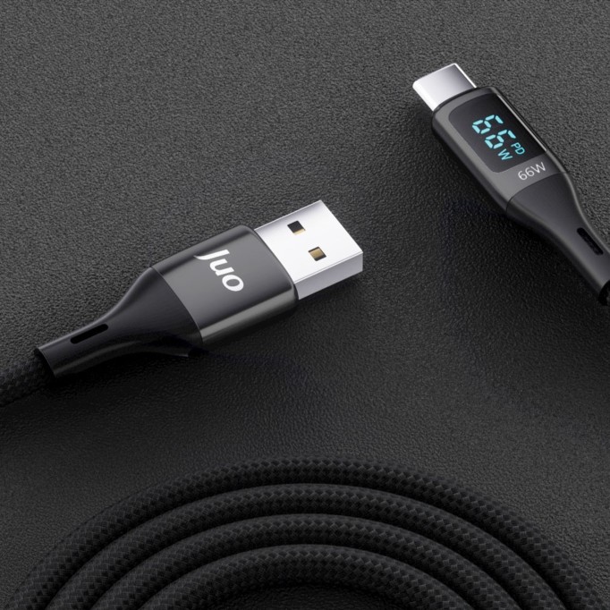 Juo 66W Dijital Led Ekranlı Örgülü USB-A to USB Type-C Hızlı Şarj ve Data Kablosu 2 Metre