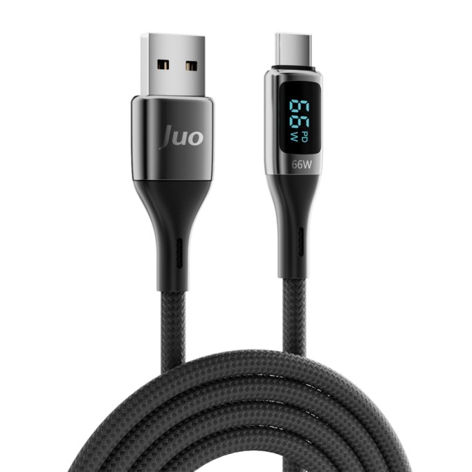 Juo 66W Dijital Led Ekranlı Örgülü USB-A to USB Type-C Hızlı Şarj ve Data Kablosu 2 Metre