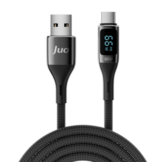 Juo 66W Dijital Led Ekranlı Örgülü USB-A to USB Type-C Hızlı Şarj ve Data Kablosu 2 Metre