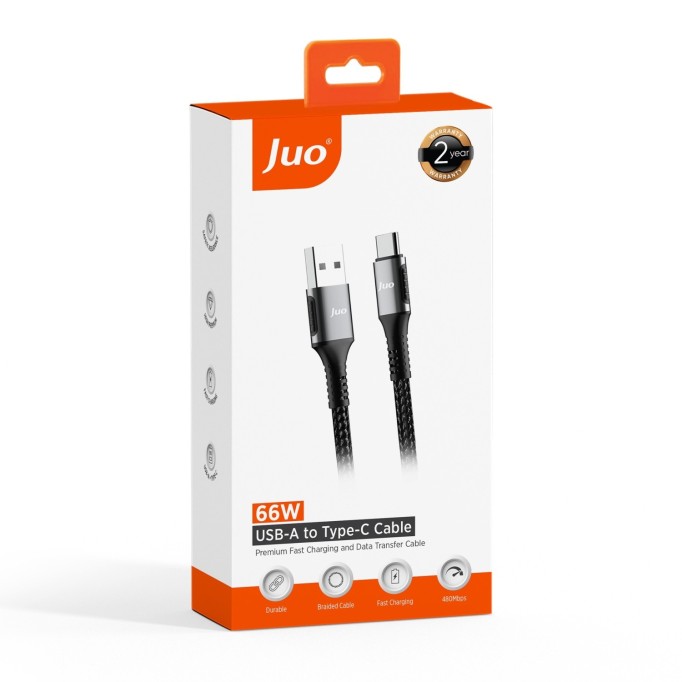 Juo 66W USB-A to Type-C Örgülü Hızlı Şarj ve Data Kablosu 1 Metre