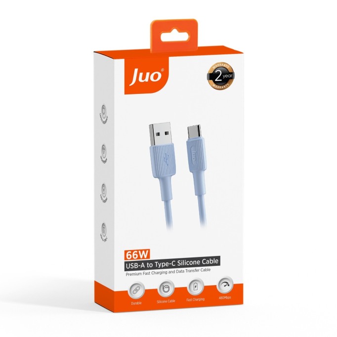 Juo 66W USB-A to USB Type-C Silikon Hızlı Şarj ve Data Kablosu 1 Metre Mavi
