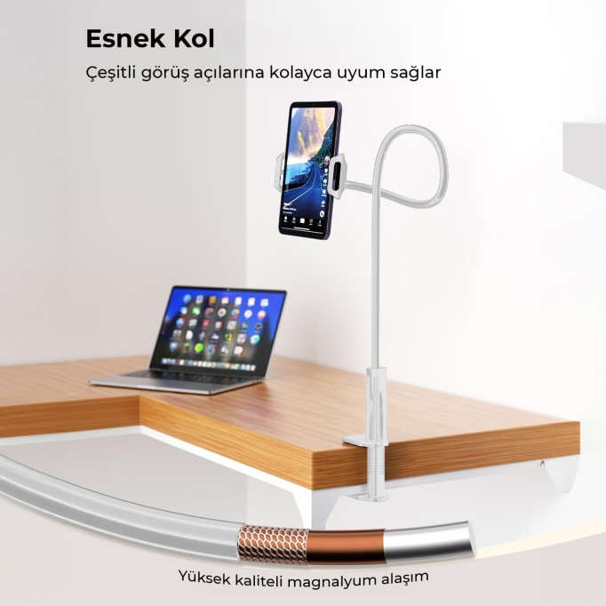 Juo 70 CM Akrobat Esnek Tablet ve Telefon Tutucu Stand Beyaz