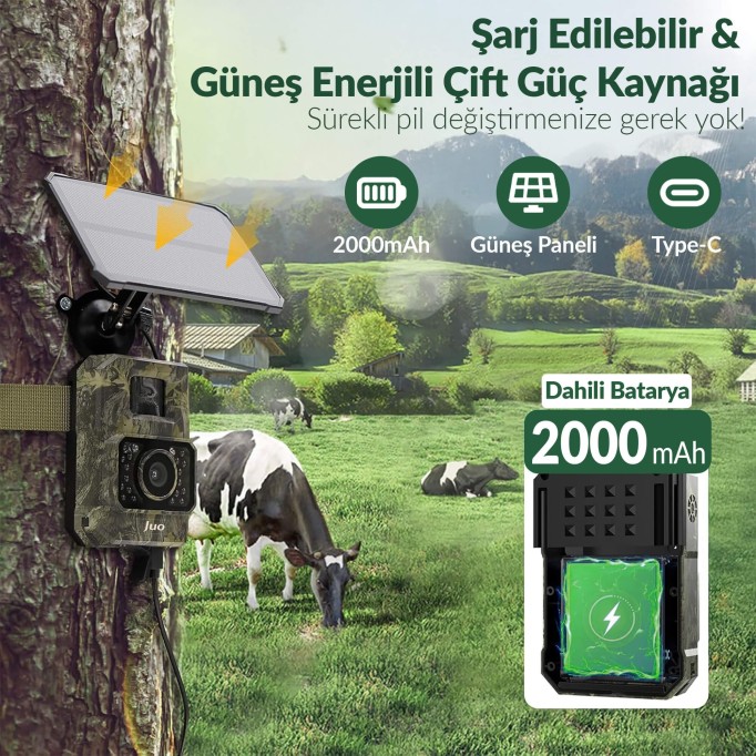 Juo 850WS Güneş Enerjili Fotokapan 48MP Full HD WiFi Hareket Sensörlü Gece Görüşlü IP66 Su Geçirmez