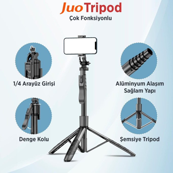 Juo Alüminyum Tripod Monopod Selfie Çubuğu Kumandalı Android iPhone GoPro Uyumlu