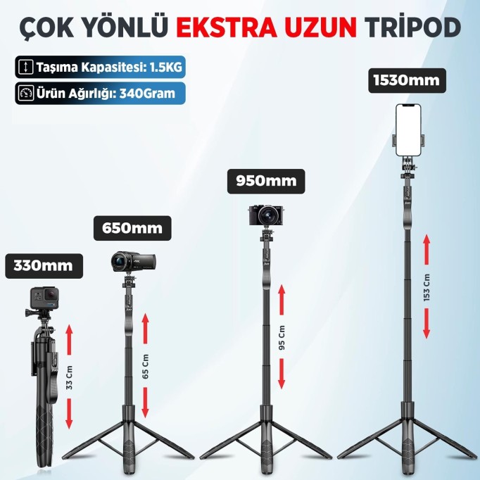 Juo Alüminyum Tripod Monopod Selfie Çubuğu Kumandalı Android iPhone GoPro Uyumlu