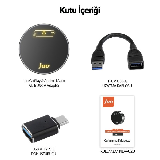 Juo Kablosuz CarPlay Android Auto Kabloludan Kablosuza Çevirici USB ve Type-C Adaptör