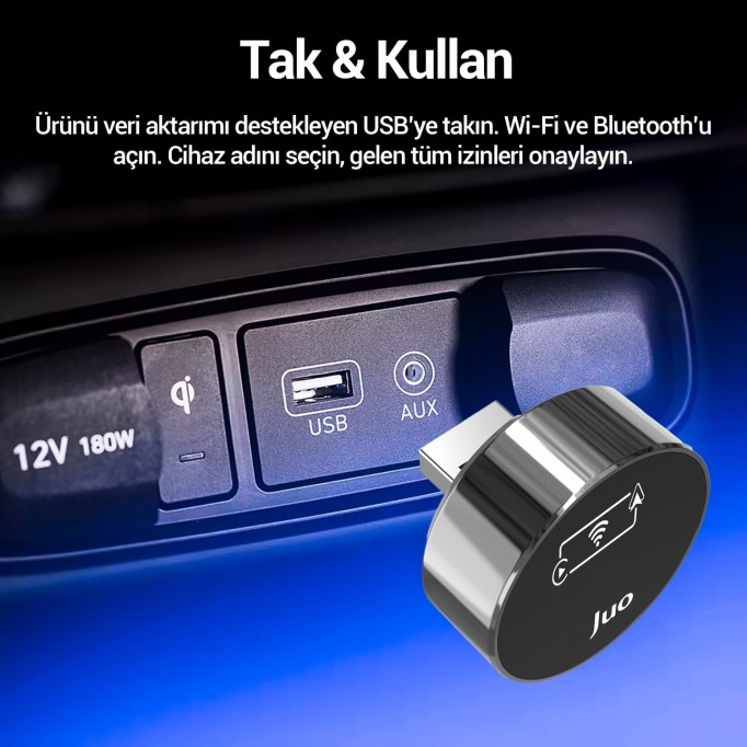 Juo Kablosuz CarPlay Android Auto Kabloludan Kablosuza Çevirici USB ve Type-C Adaptör