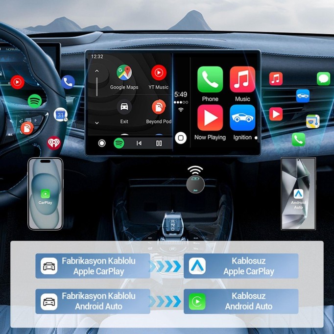 Juo Kablosuz CarPlay Android Auto Kabloludan Kablosuza Çevirici USB ve Type-C Adaptör