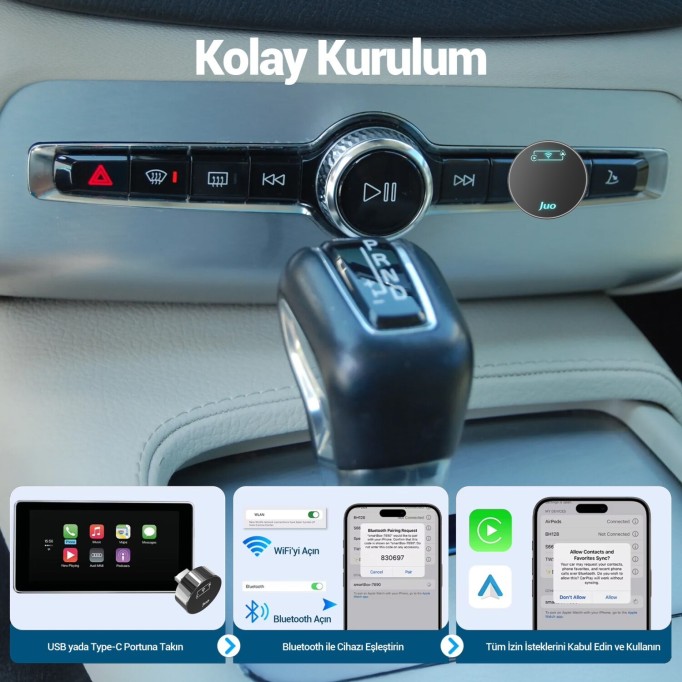 Juo Kablosuz CarPlay Android Auto Kabloludan Kablosuza Çevirici USB ve Type-C Adaptör