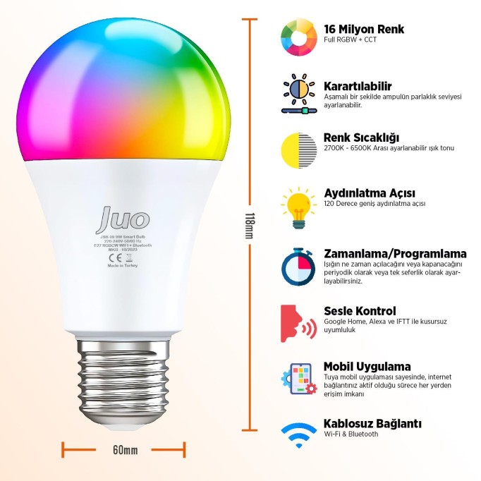 Juo Lumex Akıllı Ampul 9W Led RGB Wifi & Bluetooth