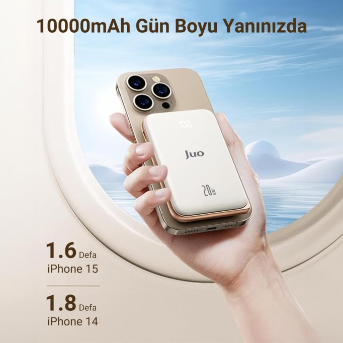Juo Magsafe Powerbank 10000 mAh Standlı 20W Dahili Type-C Kablolu Taşınabilir Hızlı Şarj Cihazı Beyaz