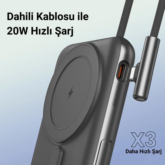 Juo Magsafe Powerbank 10000 mAh Standlı 20W Dahili Type-C Kablolu Taşınabilir Hızlı Şarj Cihazı Siyah