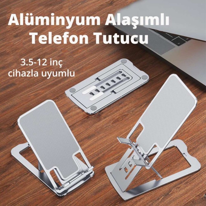 Juo Premium Alüminyum Ayarlanabilir Açılı Telefon Standı Gri