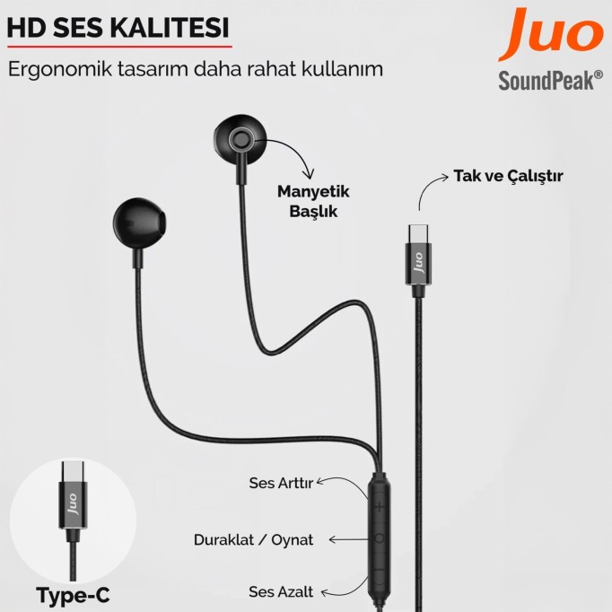 Juo Type-C Mikrofonlu Kablolu Kulak İçi Kulaklık Metal DAC Çip Destekli ENC Gürültü Engelleme