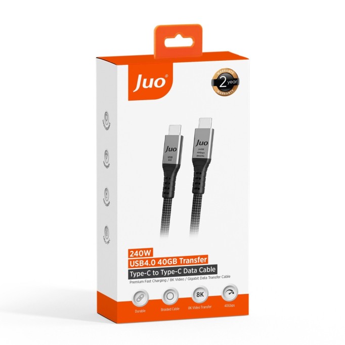 Juo USB 4.0 240W 40Gbps Thunderbolt 4 8K 60Hz USB-C Görüntü Aktarım ve Type-C Hızlı Şarj ve Data Kablosu 2 Metre