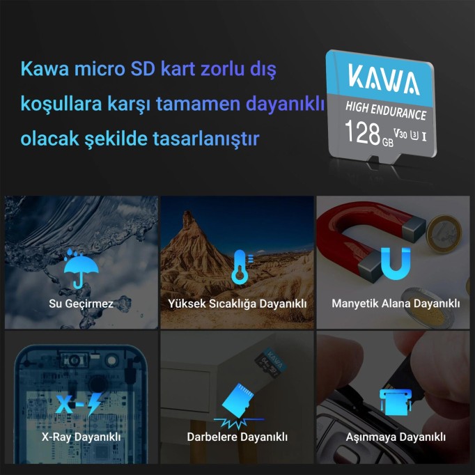Kawa 128GB Micro SD Hafıza Kartı High Endurance Class 10 Yüksek Hızlı Araç Kameralarıya Uyumlu