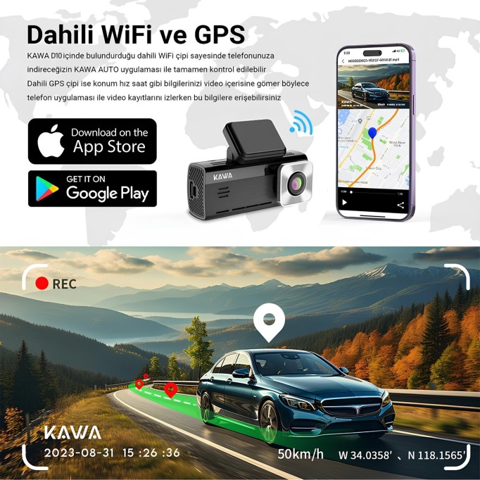 Kawa D10 Çift Kameralı 4K+1080P Sony STARVIS Sensörlü Yapay Zeka Destekli Wi-Fi ve GPS'li Araç Kamerası