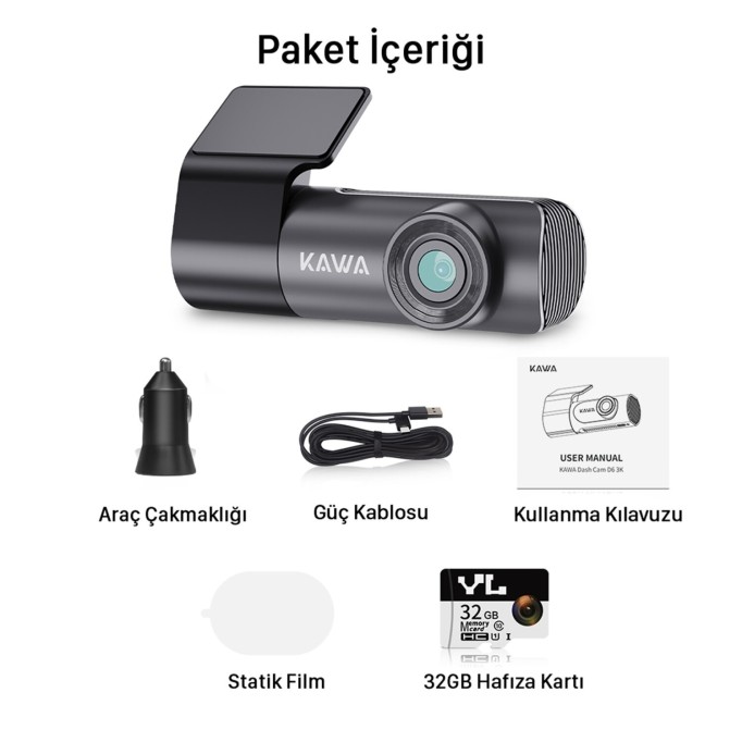 Kawa D5 Gen2 2K 1296P WiFi 145° Geniş Açı Lens Gece Görüşlü 32GB Hafıza Kartlı Akıllı Araç Kamerası