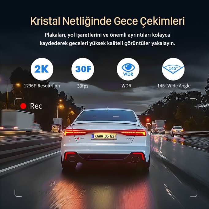 Kawa D5 Gen2 2K 1296P WiFi 145° Geniş Açı Lens Gece Görüşlü 32GB Hafıza Kartlı Akıllı Araç Kamerası