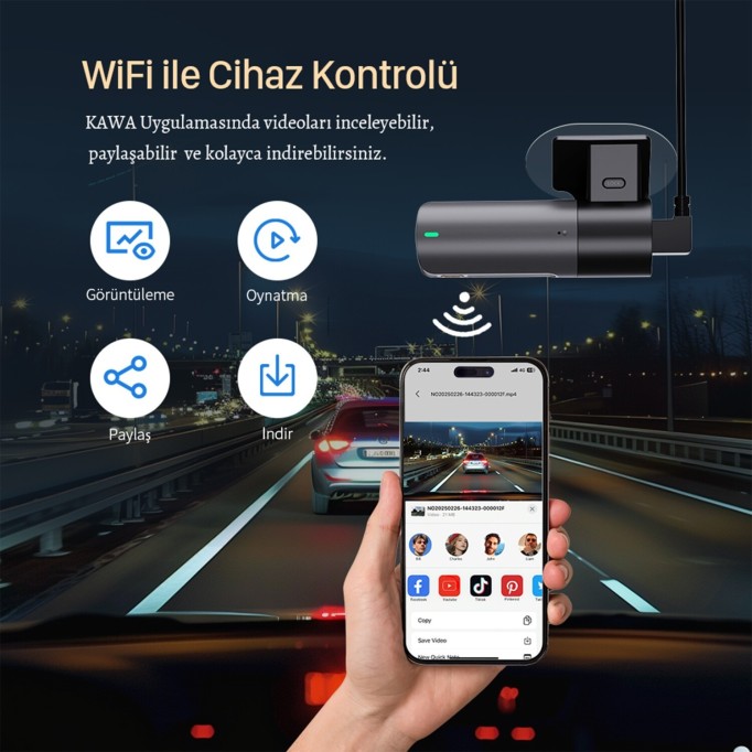 Kawa D5 Gen2 2K 1296P WiFi 145° Geniş Açı Lens Gece Görüşlü 32GB Hafıza Kartlı Akıllı Araç Kamerası