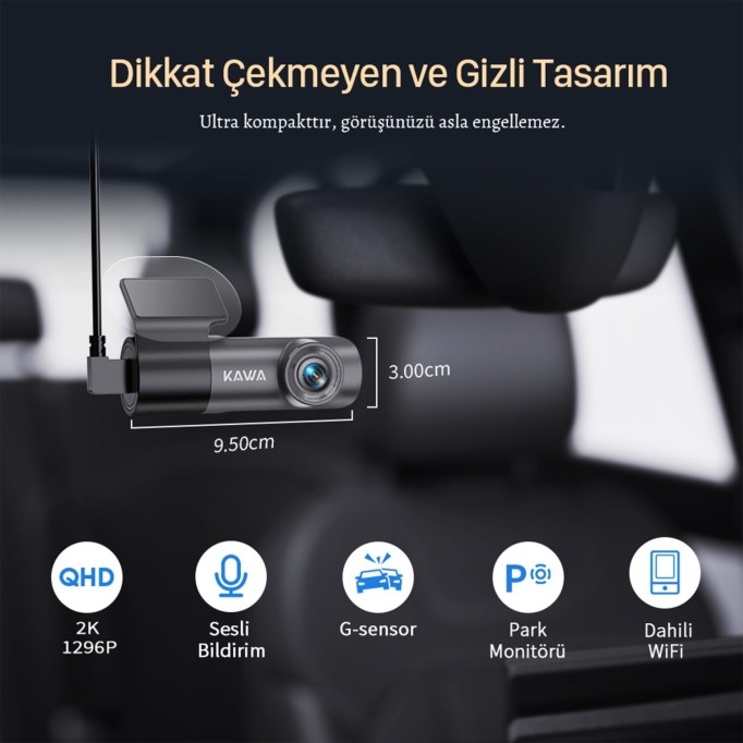 Kawa D5 Gen2 2K 1296P WiFi 145° Geniş Açı Lens Gece Görüşlü 32GB Hafıza Kartlı Akıllı Araç Kamerası